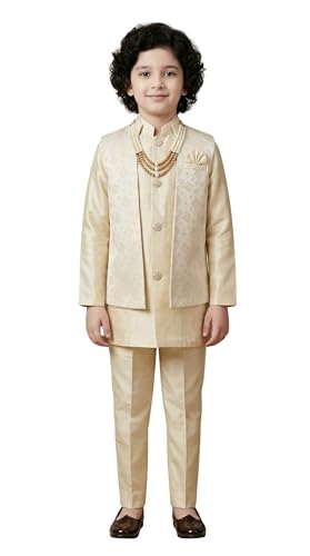 Image of AHHAAAA Kids Ethnic Silk Blend Waistcoat Kurta Pyjama 3 Piece Sherwani Set For Boys |540|