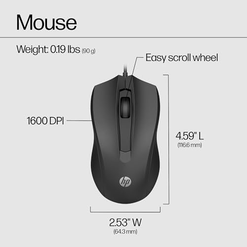 HP Wired Mouse 100 - Precise Optical Sensor with 1600 DPI - Easy USB Connection - Ambidextrous Design - 3 Button Control & Built-in Scrolling - Multi-OS Compatible (6VY96AA#ABL) - image 9