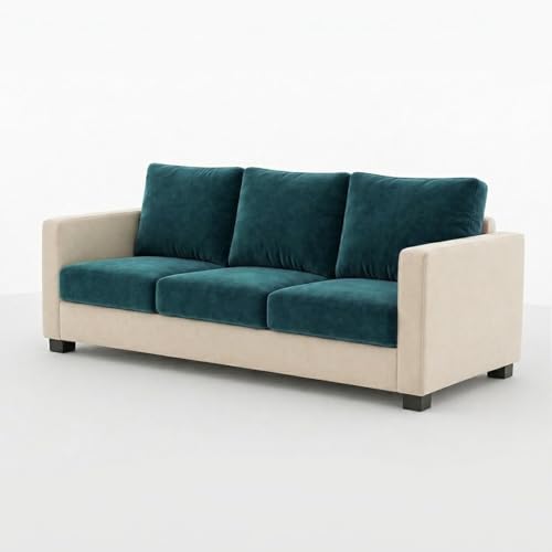 Image of FURNY Haster 3 Seater + 2 Seater Fabric Sofa Set with 1 Ottoman (Green Teal-Cream) with Velvet Finish | Durable Comfort | Ideal for Living Room