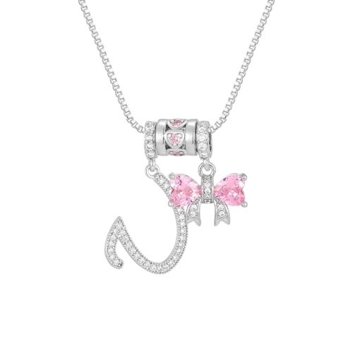 Pink Bow Accessory, 26 Letter Pendants, Gift Box 3-in-1 Necklace Set, Fashion Party Women's Jewelry Gift (42,Silver,U)