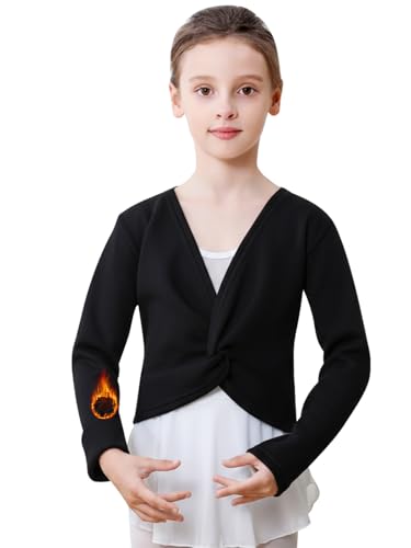 Monbessi Ballettjacke Mädchen Langarm mit Flauschiger Futterung Ballett Wickeljacke Baumwolle Ballett Jacke für 3-12 Jahren(130, Schwarz)