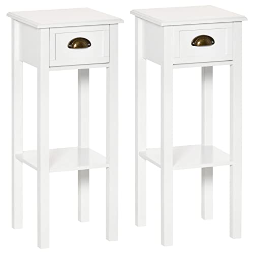 HOMCOM Lot de 2 Tables d'appoint Bout de canapé guéridon - tiroir, étagère - dim. 30L x 30l x 75H cm - poignées coquilles Laiton Vieilli MDF Blanc