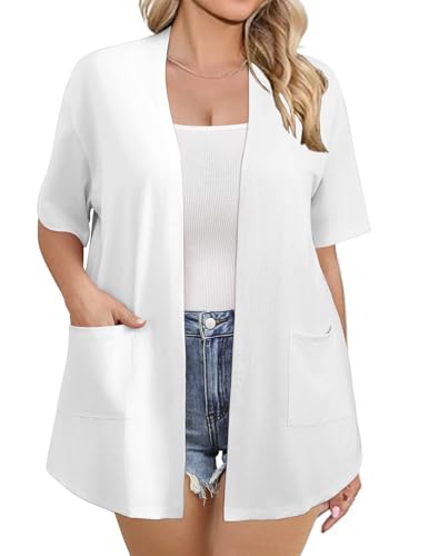IN'VOLAND Women Plus Size Lightweight Cardigan Short Sleeve Open Front Casual Summer Kimonos Cardigans with Pockets