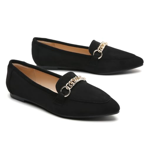 Image of Tilocow Metal Chain Loafers for Women Pointed Toe Slip on Flats Comfortable Fashion Work Shoes