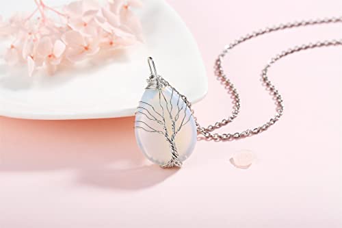 Maibaota Opal Healing Crystal Stone Necklace Tree Life Wire Wrapped Teardrop Crystals Pendant Necklaces Natural Reiki Quartz Gemstone Jewelry For Women Girls #TOP1