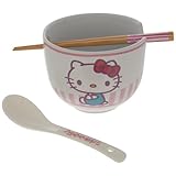 Hobby Lobby Hello Kitty Ceramic Ramen Bowl Set with Chopsticks and Spoon, Pink, White, Purple & Natural
