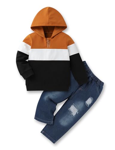 Image of Gaupafmb Baby Boy Clothes Toddler Boy Outfits Long Sleeve Hoodie Sweatshirts and Ripped Jeans 2Pcs Outfits Set
