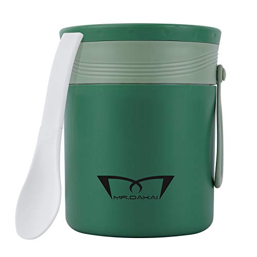 Mr.Dakai Insulated Food Jar Hot Food Containers for Lunch Bento Box, School Thermal Soup Cup for Kids and Adult, Leak-proof, Wide Mouth with Spoon, Travel Food Flask Hot Cold, 13.5 oz, Green