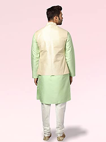 Image of Uri and MacKenzie Men's Silk Blend Regular Kurta Churidar Pyjama with Bundi Nehru Jacket /Waistcoat