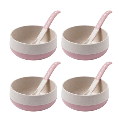 FRENVI Earth-Friendly Soup Bowls with Spoons, 350 ml, Made with Bamboo Fibers & Rice Husk, Microwave Safe Bowls for Kitchen, Serving Bowl Set (Turkish Pink, Pack of 4)