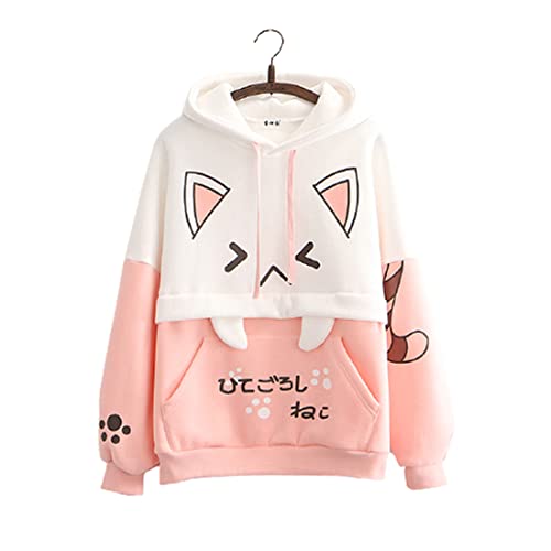 Himifashion Niedlicher Kapuzenpullover Teen Mädchen Kawaii Katze Druck Pullover Hooded Tops Plus Samt Sweatshirt Lose Warme Hoodies (Pink), rose, One size