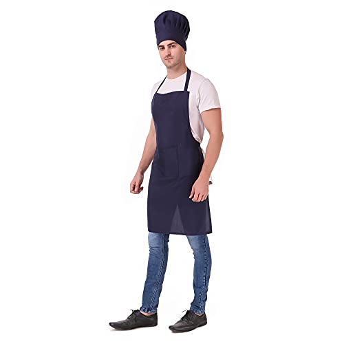 Image of KODENIPR CLUB Kitchen Apron With Cap Set for Women /Men Chef (Navy-Blue)