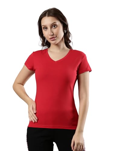 Femmora Comfortable Fit V Neck Solid T-Shirt with Lightweight and Breathable Cotton Fabric, for Women, Chilli Red, Pack of 1