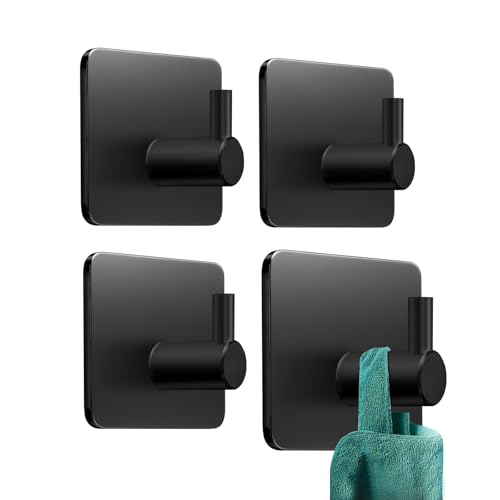 KollyKolla Crochet Adhesif Mural Noir 4 Pièces, Porte Manteau Mural sans Percage, Crochet Adhesif Salle de Bains, Etanche Crochets Adhesifs Muraux,...