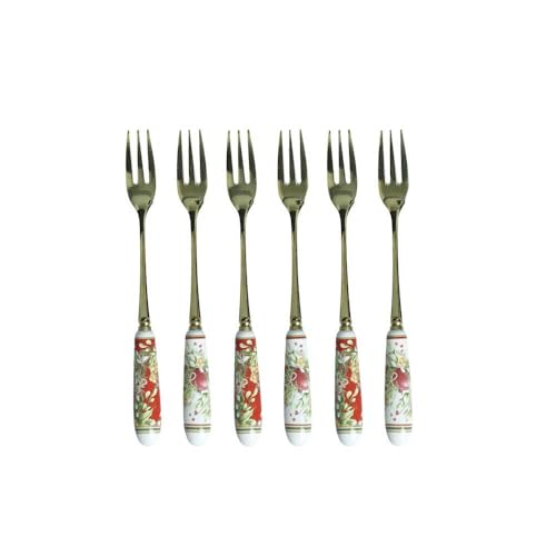 BRANDANI Carol Forchettina da Dolce Natalizia Set 6 Pezzi 15,5cm Ceramica e Acciaio Inox