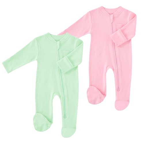 Image of HahaNice Baby 2 Way Zipper Girls Boys 100% Cotton Footed Sleep and Play with Mitten Cuffs 0-12 Months