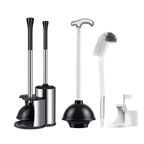 Toilet Plunger Bowl Brush Set: Hideaway Heavy Duty Toilet Plunger Scrubber Cleaner Holder Combo for Bathroom with Covered Caddy Hidden Elongated Discreet Apartment Toilet Plunger