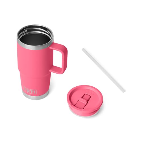 Image of YETI Rambler 20 oz Travel Mug with Flip Straw Lid - Stainless Steel, Vacuum Insulated, Leakproof, Cup Holder Friendly, Tropical Pink