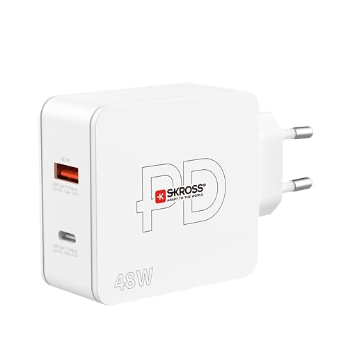 SKROSS - Multipower 2 Pro+ EU - PC-Ladegerät, Tablet, Smarthone mit Schnellem Laden 48 W - Lader mit 2 USB -Geräten (1 USB 18W und 1 USB C 48W) mit EU -Sockel