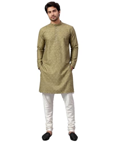Image of LATEST CHIKAN Men's Silk Chikankari Kurta with Cream Churidar | Festive Set - KP Silk BANARSI