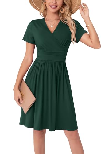 WUWUSKY Sommerkleid Damen Kurzarm V-Ausschnitt Freizeit Kleider A Linie Leicht Casual Dress mit Taschen Strandkleid Rüschen Midikleid Einfarbig...