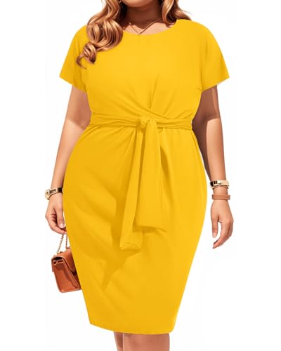 Image of Pinup Fashion Plus Size Dresses for Women Wedding Guest Short Sleeve Tie Front Waist Belted Pencil Work Knee Dress