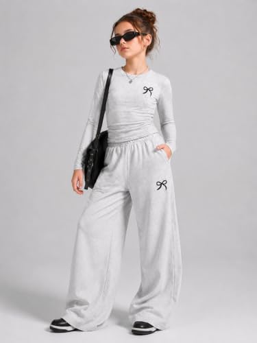 Image of Tween Girls Clothes Long Sleeve Bow Knot Print Top + Wide Leg Pants 2 Piece Outfit Set, Size 7-16 Years