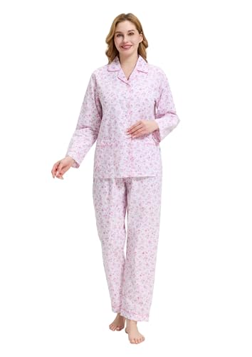 Image of GLOBAL Women Cotton Pajamas Long Sleeve PJs Button Down Sleepwear S-3XL