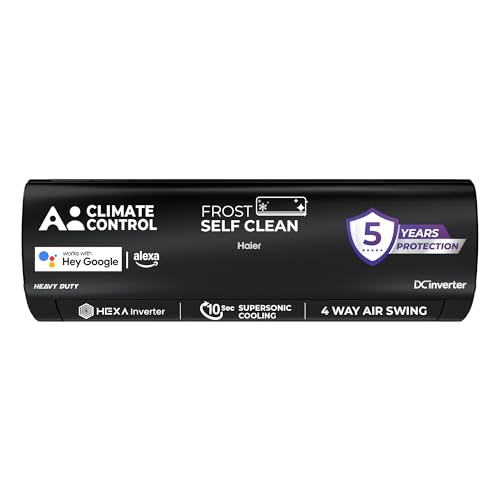 Image of Haier Black Edition 1.5 Ton 5 Star AI Climate Control Smart Split AC (5460 Watts, Copper, HEXA Inverter, Heavy Duty, 4-Way Swing, Frost Clean, HD Filter, Cools at 60C-HSU19K-PZAIB5BN-INV, Black)