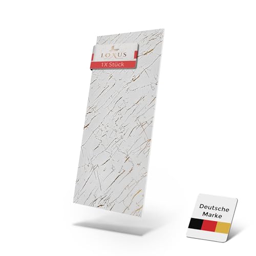 LoXus - Marble Look Wall Panels - PVC Wall Cladding - Kitchen Back Wall - 120 x 60 cm - Shower Back Wall & Kitchen Back Wall - Waterproof 3D Decorative Panels for Bathroom, Shower, Kitchen (White-Gold