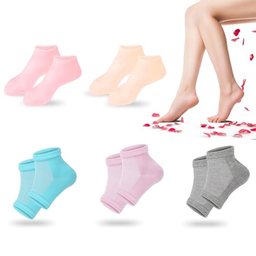 TEAWOO 5 Pairs Moisturizing Socks (2 Silicone Socks & 3 Heel Socks) for Dry Cracked Feet, Spa Gel Socks Foot Care After Pedicure, Toeless Socks to Soften and Hydrate Feet Heels