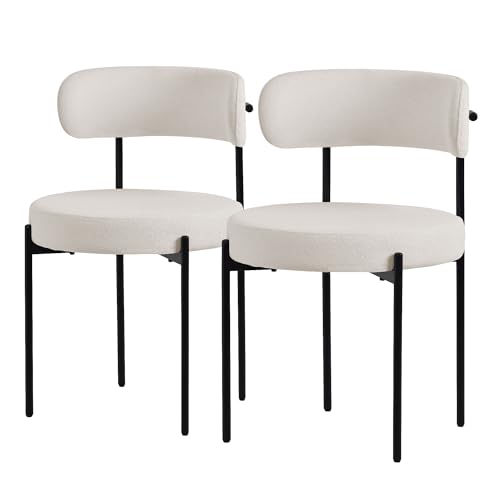 ML-Design Lot de 2 Chaises de Salle à Manger, en Tissu Teddy Polyester, Blanc, avec Dossier, Chaise Ronde Rembourrée avec Pieds Métalliques Noirs, Fauteuil...