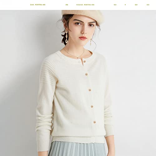 Women's Round Neck Cashmere Knitted Sweater Cardigan, 100% Pure Cashmere Sweater, Pre Fall Cropped Cashmere Jacket (Color : White, Size : Medium)3