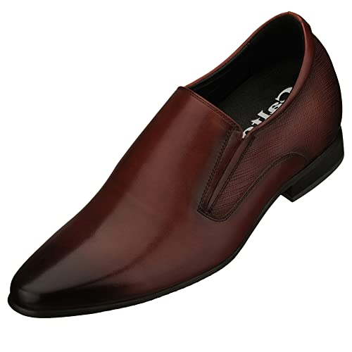 Image of CALTO Men's Invisible Height Increasing Elevator Shoes - Brown Leather Slip-on Formal Dress Loafers- 3 Inches Taller - Y5531 - Size 6 D(M) US