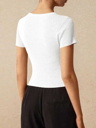 Image of Imily Bela Womens Short Sleeve Sweater Tops Summer Button Down Casual Ribbed Knit Slim Fit Cropped Cardigan Shirts