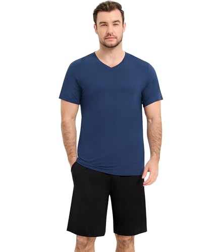Image of NACHILA Men's Pajamas-Viscose Made from Bamboo, Short Sleeve Top with Shorts Pjs Set V Neck Sleepwear Cool Loungewear
