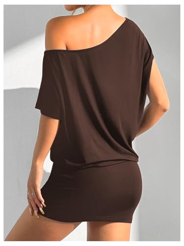 Image of SOLY HUX Women's Off The Shoulder Mini Dress Going Out Asymmetrical Neck Short Sleeve Casual Bodycon T Shirt Dresses