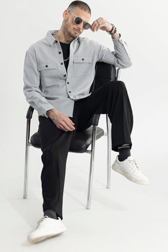 Image of SNITCH Light Grey Solid Cotton Shacket Shirt