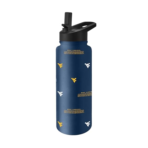 Image of Logo Brands NCAA West Virginia Mountaineers Step & Repeat 34 oz Stainless Steel Quencher Bottle - All Over Logo Design, No-Spill Lid, Easy Carry Handle - Keeps Drinks Cold For Hours