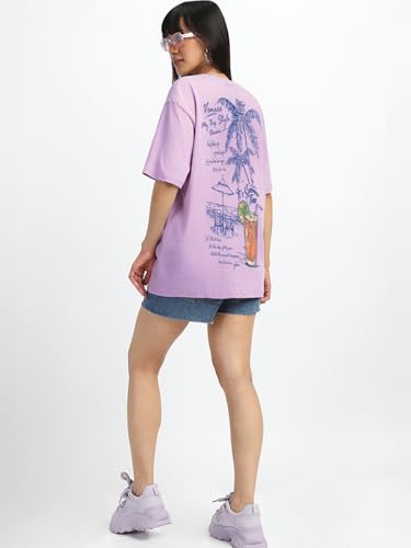 Image of JUNEBERRY Pure Cotton Oversized Baggy Fit Round Neck Drop Shoulder Swan White Back Graphic Printed T-Shirt for Women /Girls