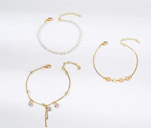 Gold Pearl Chain Bracelet Simple Pearl Bead Bracelet Set For Women Teen Girls 3 Pcs Disc Coin Chain Bracelet Gold Pearl Layered Stackable Bracelet Set #TOP3