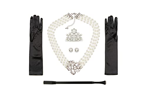 Utopiat Audrey Hepburn Breakfast at Tiffany Costume Toddler Flapper 5-piece Pearl Jewelry Set | Holly Golightly Inspired Kids Accessories Set for Girls, Large