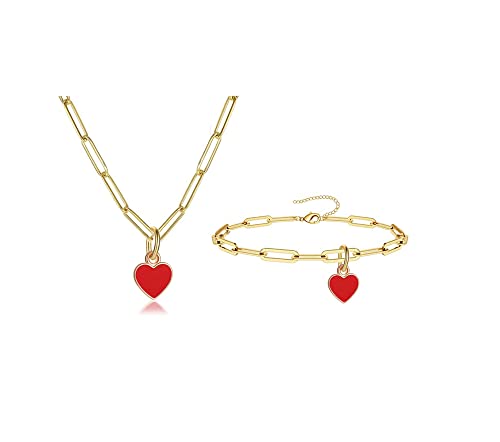 Fuqimanman2020 Sweet Enamel Forever Love Heart Shape Link Bracelet Paperclip Chain Stainless Steel Necklace for Mom Wife Lover Valentine's Day Preppy Jewelry-Red A Set