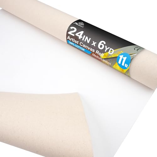 PHOENIX 24 Inch Wide x 6 Yard (18 Feet) Long Canvas Roll - 100% Cotton 11 Oz. Gesso Primed, Unstretched Professional Roll of Canvas for Oil & Acrylic Painting