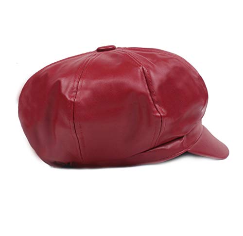 Falasoso Women Beret Pu Leather Casual Newsboy Cap, Vintage Octagonal Flat Cap Gatsby Driving Ivy Hat (Wine Red) #TOP2