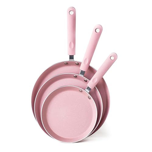 Justup Lot de 3 poêles à frire antiadhésives - 18/22/26 cm - Pour tous les types de plaques de cuisson - Pour crêpes, omlettes, crêpes - Rose