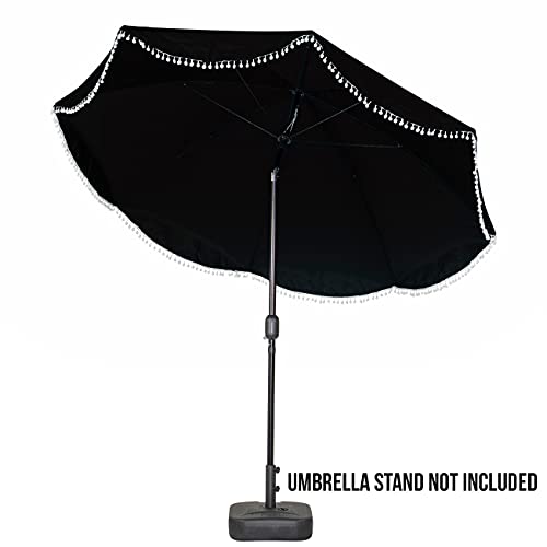 Patio Premier 811071 9' Round 8-Rib Fringe Designed Market Table Umbrella With Push Button Tilt And Crank, Aluminum Frame, Black #TOP1