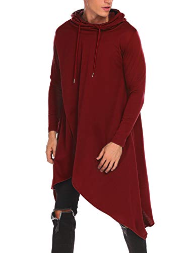 COOFANDY Mens Casual Hooded Poncho Cape Cloak Irregular Hem Hoodie Pullover,Wine Red,Large