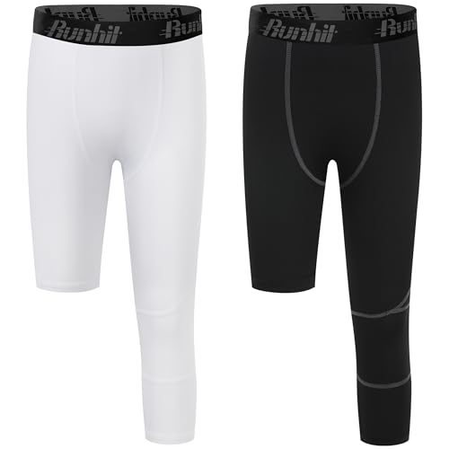 Runhit 3/4 One Leg Boys Compression Leggings,Athletic Tights Basketball Compression Pants,Youth Boys Base Layer Pants