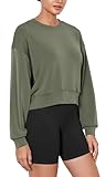 ODODOS Modal Soft Long Sleeve Cropped Sweatshirts for Women Oversized Crew Neck Pullover Crop Top, Dark Sage, Medium
